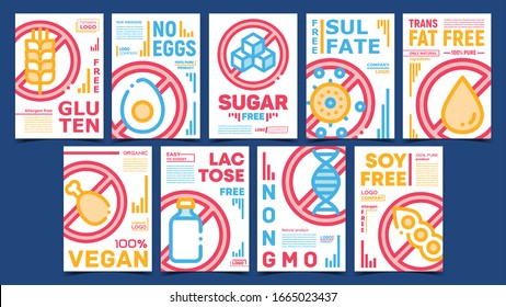 Unhealthy Ingredients Free Posters Set Vector. Non-gluten And Non-eggs, Non-sugar And Non-sulfate, Non-soy And Non-gmo Ingredients Crossed Out Mark. Color Illustrations