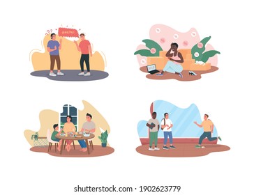 Unhealthy lifestyle 2D vector web banner, poster set. Swearing with curse words. People with bad habits flat characters on cartoon background. Printable patch, colorful web element collection