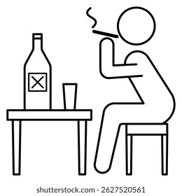Unhealthy lifestyle addiction icon vector illustration showing person smoking with alcohol bottle on table in minimal line symbol style.