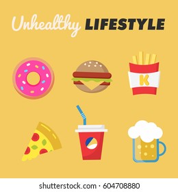 Unhealthy Lifestyle. Concept of unhealthy lifestyle. Donut, beer, fries, Burger, pizza, soda. Vector illustration