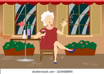 Unhealthy lifestyle concept. An elderly woman drinks wine and smokes in a street French cafe. Old age dreams. Life is a success. Resting rich pensioner. Old woman travels.