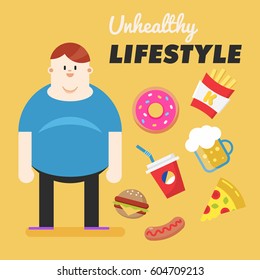 Unhealthy Lifestyle. Concept of unhealthy lifestyle. Fat man and his bad habits. Vector illustration