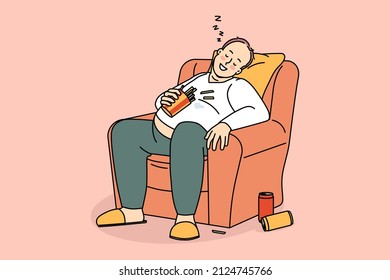 Unhealthy lifestyle and diet concept. Smiling over weight fatty man sitting napping in armchair after drinking soda and eating french fries vector illustration 