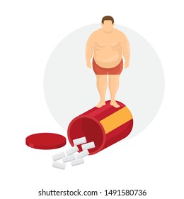 Unhealthy lifestyle and diet pills vector illustration. Fat man body, standing on box of diet pills. Cartoon flat poster of loosing weight alternative