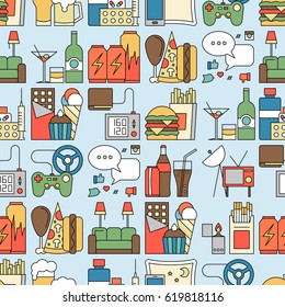 Unhealthy lifestyle habits colorful line vector icons seamless pattern. Fast junk food cola hamburger pizza. Bag habit smoking drugs energetic. Waste of time video games tv beer social media