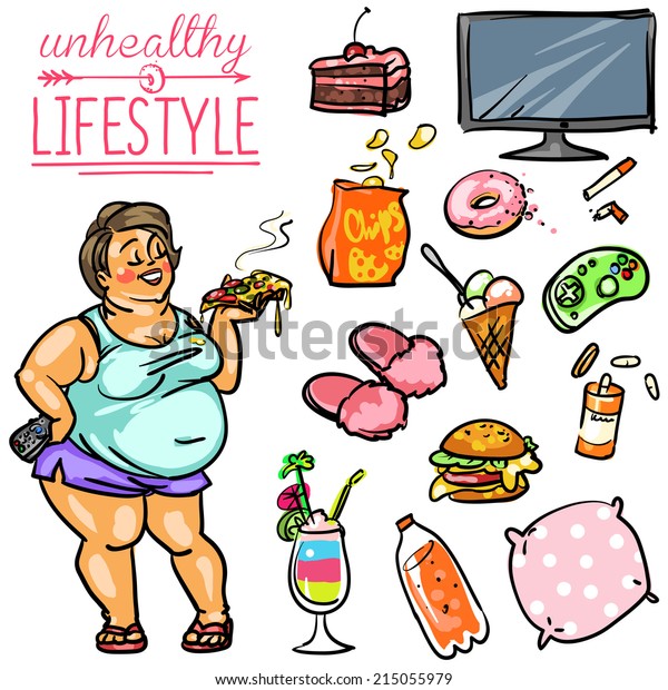 Unhealthy Lifestyle Hand Drawn Cartoon Collection Stock Vector (Royalty ...