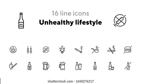 Unhealthy lifestyle line icon set. Set of line icons on white background. Beer, match, cigarette, burger. Harmful things concept. Vector illustration can be used for topics like bar, club, lifestyle