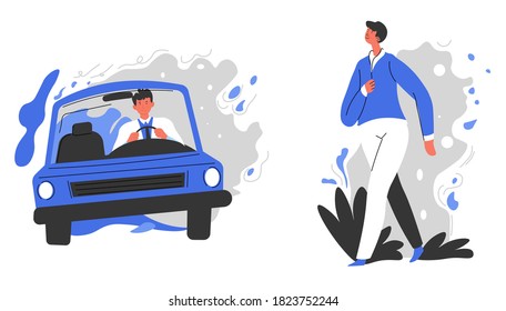 Unhealthy Lifestyle Of Man Driving Car, Personage Walking. Healthy Lifestyle And Physical Activities For Wellbeing. Journey Or Traveling On Transport, Commuting To Work, Daily Routine Vector In Flat