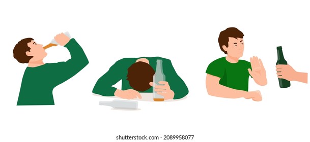 An unhealthy lifestyle, a person is sick with alcoholism.  The fight against alcohol addiction. Vector illustration.