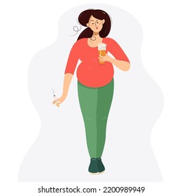 Unhealthy lifestyle of a pregnant woman. Expectant mother smokes and drinks beer, flat style.Smoking and drinking during pregnancy concept vector illustration.