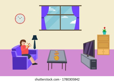 Unhealthy lifestyle vector concept: Overweight woman eating junk foods while watching her television in the living room