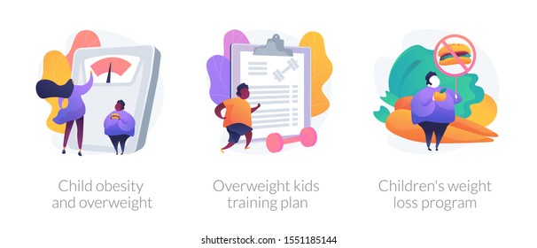 Unhealthy lifestyle, vegetarian diet icons set. Child obesity and overweight, overweight kids training plan, childrens weight loss program metaphors. Vector isolated concept metaphor illustrations