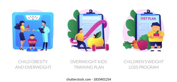 Unhealthy lifestyle, vegetarian diet icons set. Child obesity and overweight, overweight kids training plan, childrens weight loss program metaphors. Vector isolated concept metaphor illustrations