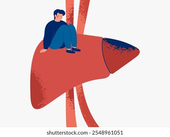 Ungesunde Leber und trauriger Mann darauf. Hepatitis, chronische Erkrankungen oder Leberkrebs. Gesundheitswesen und medizinisches Konzept. Vektorgrafik