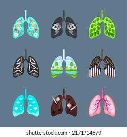 Unhealthy lungs. Concept illustrations of healthy and damaged from tobacco lungs organism pollution destroyer human systems recent vector templates collection