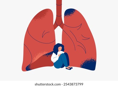 Ungesunde Lungen und traurige Frau in ihrer Nähe. Erkrankungen der Atemwege, chronische Erkrankungen, Asthma oder Lungenkrebs. Gesundheitswesen und medizinisches Konzept. Vektorgrafik 