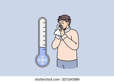 Unhealthy man blow running nose suffer from cold or fever due to cold winter outside temperature. Unwell sick male struggle with seasonal influenza or covid-19. Healthcare. Vector illustration. 