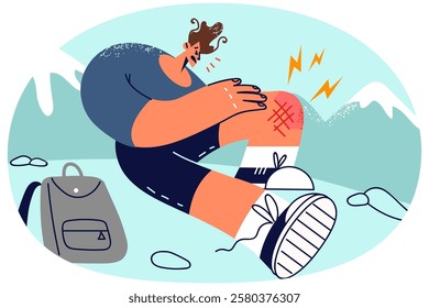 Unhealthy man fall in mountains suffer from leg injury. Male struggle with trauma falling from rock or cliff white hiking. Vector illustration.