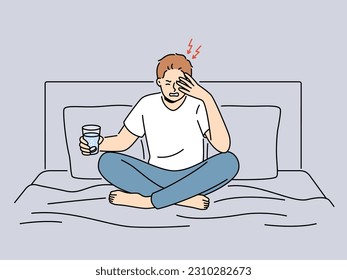 Unhealthy man sit on bed suffer from migraine holding glass of water with pill. Unwell guy struggle with headache from hangover take painkiller medication. Vector illustration. 