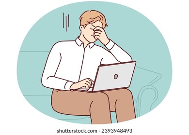 Unhealthy man sit on sofa work on computer suffer from headache. Unwell tired male with laptop struggle with overwork or health problems. Vector illustration.