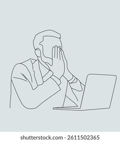Unhealthy man sit on sofa work on computer