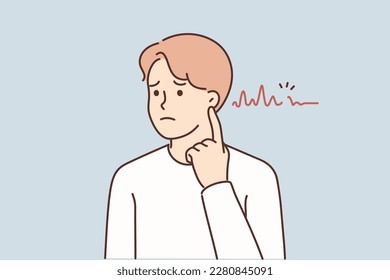 Unhealthy man with sound waves near ear. Unwell guy suffer from hearing disability. Health problem. Vector illustration. 