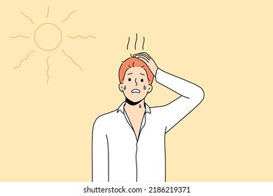 Unhealthy man standing under sun feel dehydrated and overheated in hot weather. Sick male struggle with heatstroke during summer. Health problem. Vector illustration. 