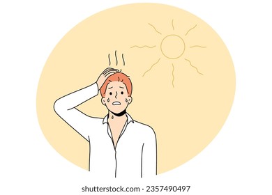 Unhealthy man standing under sun feel dehydrated and overheated in hot weather. Sick male struggle with heatstroke during summer. Health problem. Vector illustration.