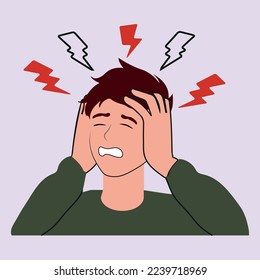 Unhealthy man suffer from headache or migraine. Unwell guy struggle with dizziness or blurry vision. Health problems. Vector illustration.