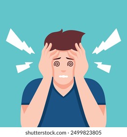 Unhealthy man suffer from headache or migraine. Unwell guy struggle with dizziness or blurry vision. Suffering person holding head in hands. Health problems. Vector illustration.