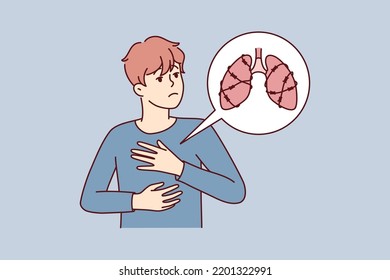 Unhealthy Man Suffer From Lungs Disease Need Medical Help. Unwell Male Struggle With Breathing Disease. Healthcare Concept. Vector Illustration. 