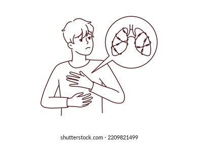 Unhealthy Man Suffer From Lungs Disease Need Medical Help. Unwell Male Struggle With Breathing Disease. Healthcare Concept. Vector Illustration. 