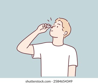 Unhealthy man suffer from rhinitis put medical drops into nose. Unwell female with runny nose take medication. Hand drawn style vector design illustrations.