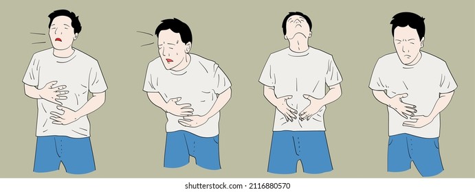 Unhealthy Man Suffer From Stomach Ache Or Gastritis. Unwell Male Touch Belly Struggle With Abdominal Pain. Hand Drawn Style Vector Design Illustrations.