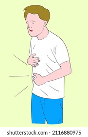 Unhealthy Man Suffer From Stomach Ache Or Gastritis. Unwell Male Touch Belly Struggle With Abdominal Pain. Hand Drawn Style Vector Design Illustrations.