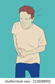 Unhealthy Man Suffer From Stomach Ache Or Gastritis. Unwell Male Touch Belly Struggle With Abdominal Pain. Hand Drawn Style Vector Design Illustrations.