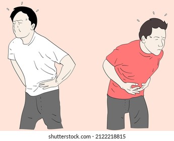 Unhealthy Man Suffer From Stomach Ache Or Gastritis. Unwell Male Touch Belly Struggle With Abdominal Pain. Hand Drawn Style Vector Design Illustrations.