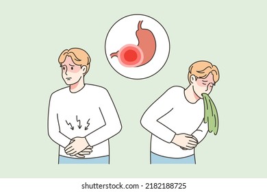 Unhealthy Man Suffer From Stomachache Vomit. Unwell Male Character Struggle With Food Poisoning Or Indigestion. Healthcare. Vector Illustration. 