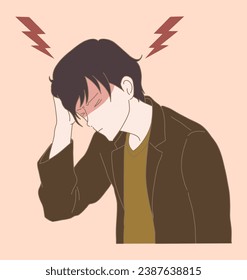 Unhealthy man suffering from strong headache and migraine. Stressed guy touching head with hand, feeling headache, exhaustion. Thunders behind. Hand drawn flat cartoon character vector illustration.