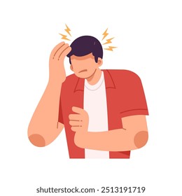 Unhealthy man suffers from headache or migraine sick. Unwell guy struggle with dizziness or fatigue. Upset man put his hand to his head. Health problems. Vector illustration