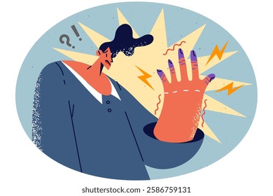 Unhealthy man with tremor in hands suffer from neurological problems. Unwell anxious guy look at shaking hand frustrated about symptoms. Vector illustration.