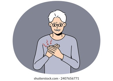 Unhealthy mature grandfather suffer from heart problems. Unwell sick old man touch chest struggle with cardiac arrest. Elderly healthcare. Vector illustration.