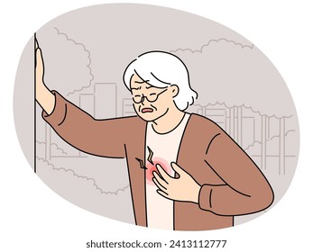 Unhealthy mature woman touch chest suffer from heart attack. Unwell senior grandmother struggle with cardiovascular disease. Vector illustration.