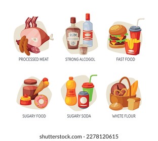 Unhealthy meal set. Processed meat, strong alcohol, fast food, sugary soda, white flour cartoon vector illustration