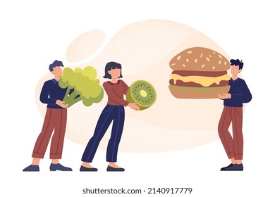 Unhealthy nutrition concept. Characters with broccoli and kiwi next to man with burger. Diet and ration, active and sedentary lifestyle. Vegetarians against fast food. Cartoon flat vector illustration