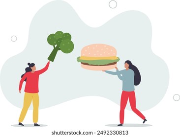 Unhealthy nutrition concept. Diet and ration, active and sedentary lifestyle. Vegetarians against fast food.flat design.illustration with people.