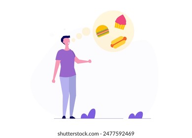 Unhealthy nutrition hunger. Man thinking food. A hungry guy with an upset stomach imagines a delicious meal Vector illustrations.
