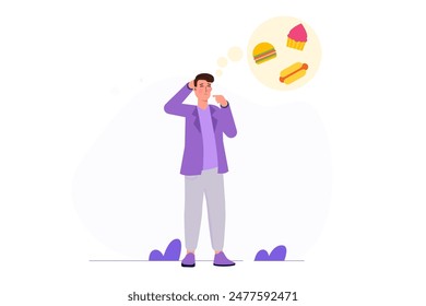 Unhealthy nutrition hunger. Man thinking food. A hungry guy with an upset stomach imagines a delicious meal Vector illustrations.
