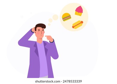 Unhealthy nutrition hunger. Man thinking food. A hungry guy with an upset stomach imagines a delicious meal Vector illustrations.
