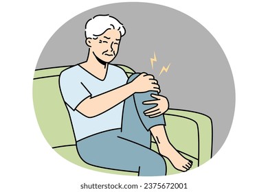 Unhealthy old man sit on couch suffer from knee pain. Unwell sick elderly grandfather struggle with rheumatism. Vector illustration.